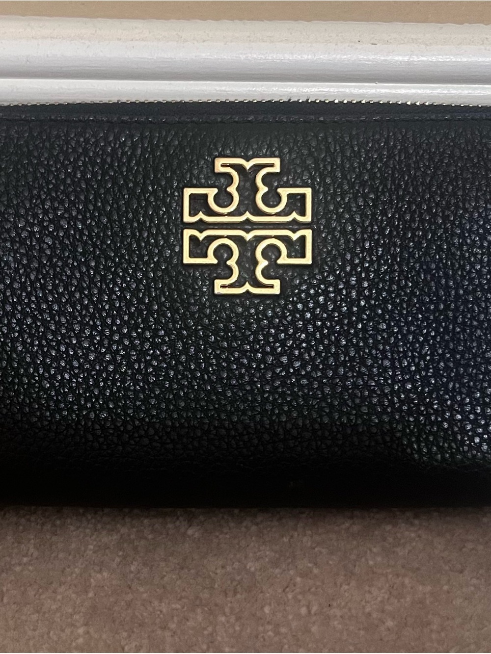 Tory Burch Black Pebbled Leather Wallet with Gold Logo